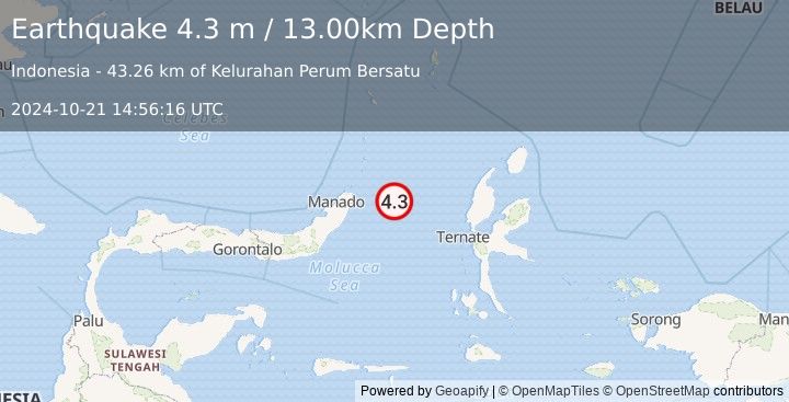 Earthquake MOLUCCA SEA (4.3 m) (2024-10-21 14:56:16 UTC)