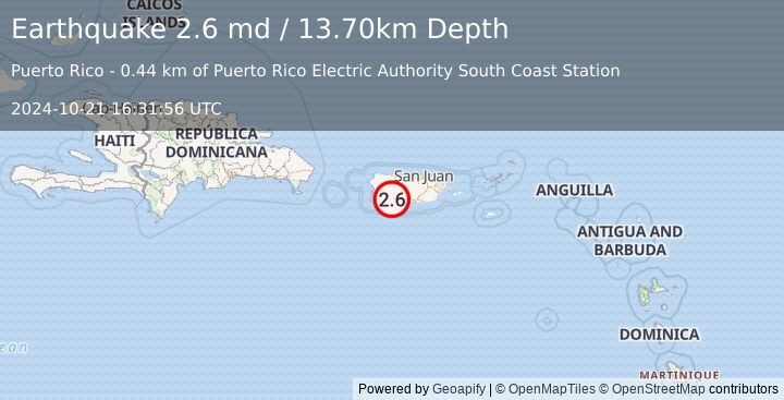 Earthquake PUERTO RICO REGION (2.6 md) (2024-10-21 16:31:56 UTC)