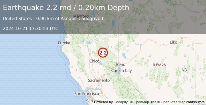 Earthquake NORTHERN CALIFORNIA (2.2 md) (2024-10-21 17:30:53 UTC)