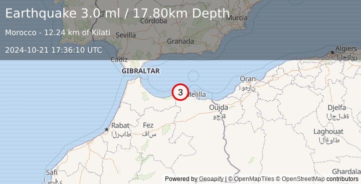 Earthquake STRAIT OF GIBRALTAR (3.0 ml) (2024-10-21 17:36:10 UTC)