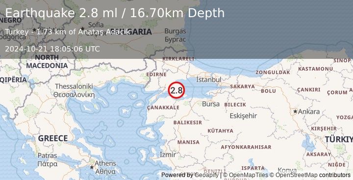 Earthquake WESTERN TURKEY (2.8 ml) (2024-10-21 18:05:06 UTC)