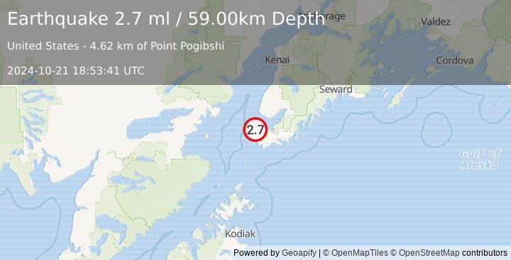 Earthquake KENAI PENINSULA, ALASKA (2.7 ml) (2024-10-21 18:53:41 UTC)