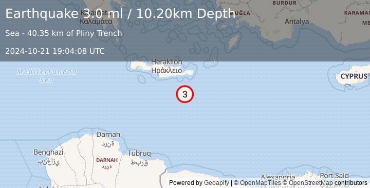 Earthquake CRETE, GREECE (3.0 ml) (2024-10-21 19:04:08 UTC)