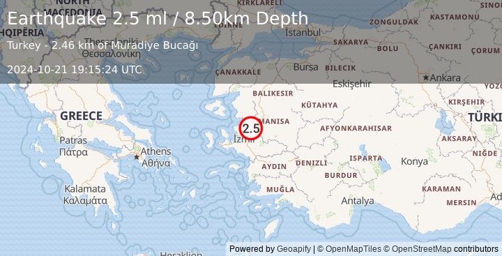 Earthquake WESTERN TURKEY (2.5 ml) (2024-10-21 19:15:24 UTC)