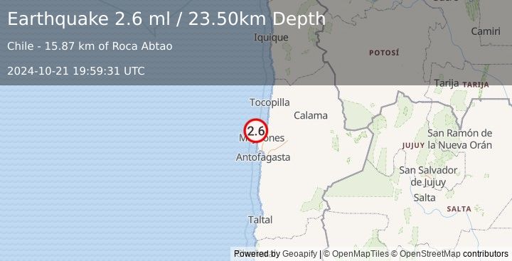 Earthquake OFFSHORE ANTOFAGASTA, CHILE (2.6 ml) (2024-10-21 19:59:31 UTC)