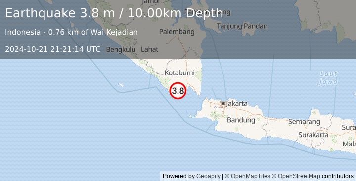 Earthquake SOUTHERN SUMATRA, INDONESIA (3.8 m) (2024-10-21 21:21:14 UTC)