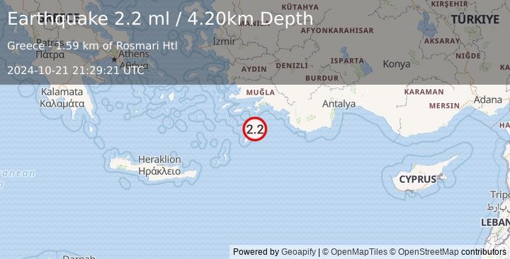 Earthquake DODECANESE IS.-TURKEY BORDER REG (2.2 ml) (2024-10-21 21:29:21 UTC)