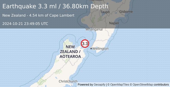 Earthquake COOK STRAIT, NEW ZEALAND (3.3 ml) (2024-10-21 23:49:05 UTC)