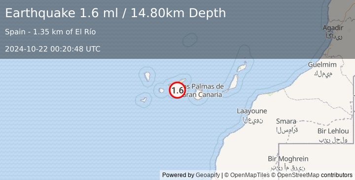 Earthquake CANARY ISLANDS, SPAIN REGION (1.6 ml) (2024-10-22 00:20:48 UTC)