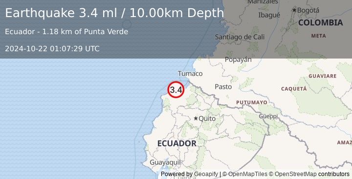 Earthquake NEAR COAST OF ECUADOR (3.4 ml) (2024-10-22 01:07:29 UTC)