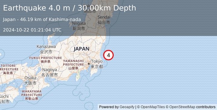 Earthquake NEAR EAST COAST OF HONSHU, JAPAN (4.0 m) (2024-10-22 01:21:04 UTC)