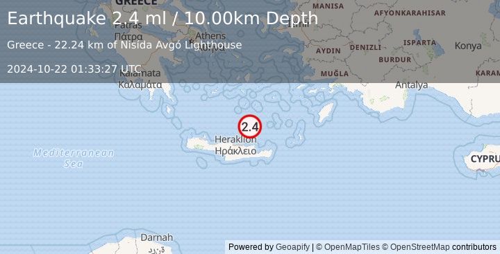 Earthquake CRETE, GREECE (2.4 ml) (2024-10-22 01:33:27 UTC)