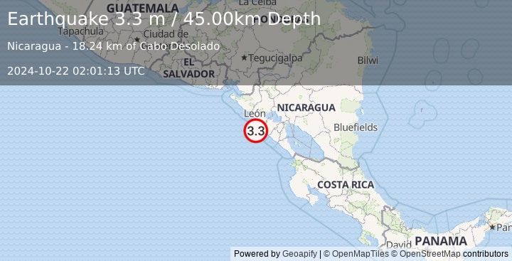 Earthquake NEAR COAST OF NICARAGUA (3.3 m) (2024-10-22 02:01:13 UTC)