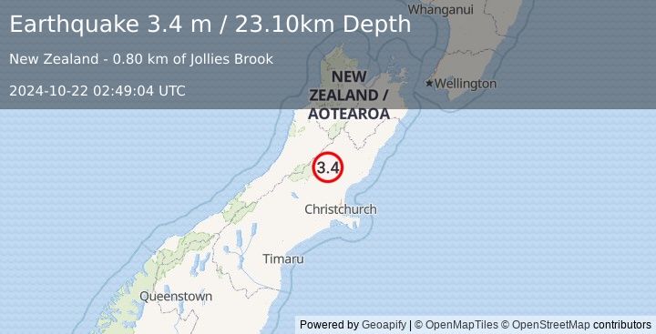 Earthquake SOUTH ISLAND OF NEW ZEALAND (3.4 m) (2024-10-22 02:49:04 UTC)