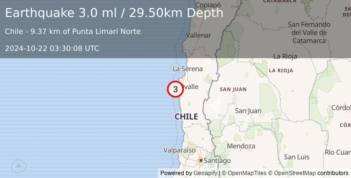 Earthquake OFFSHORE COQUIMBO, CHILE (3.0 ml) (2024-10-22 03:30:08 UTC)