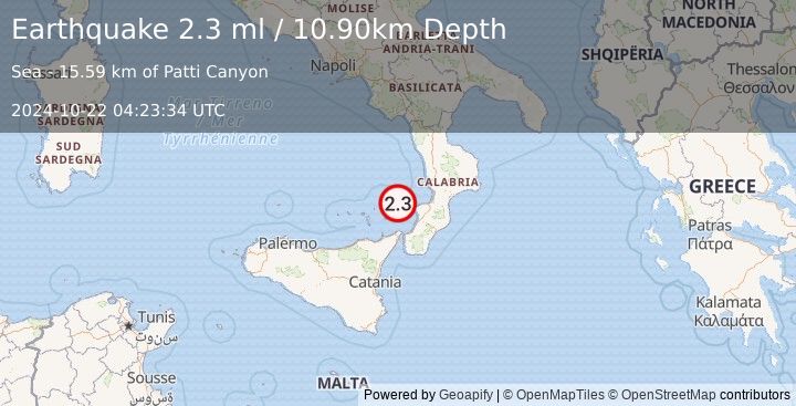 Earthquake SICILY, ITALY (2.3 ml) (2024-10-22 04:23:34 UTC)