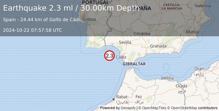 Earthquake STRAIT OF GIBRALTAR (2.3 ml) (2024-10-22 07:57:58 UTC)