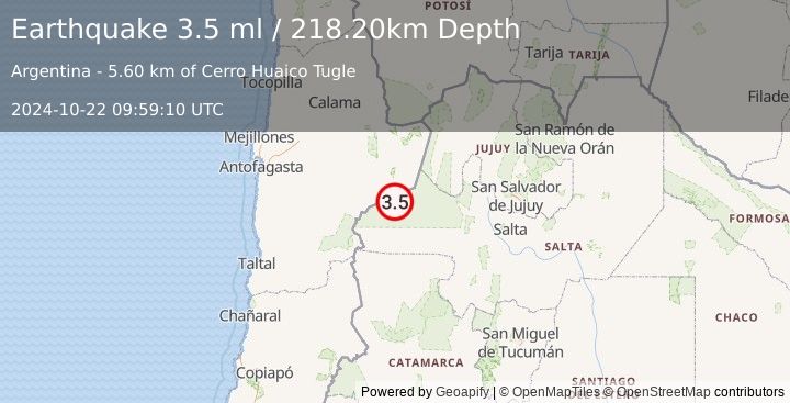 Earthquake SALTA, ARGENTINA (3.5 ml) (2024-10-22 09:59:10 UTC)