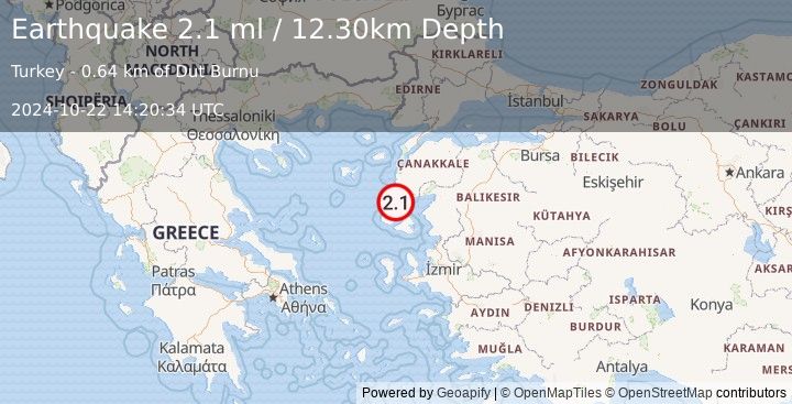 Earthquake NEAR THE COAST OF WESTERN TURKEY (2.1 ml) (2024-10-22 14:20:34 UTC)