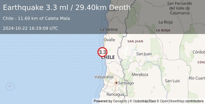 Earthquake OFFSHORE COQUIMBO, CHILE (3.3 ml) (2024-10-22 16:19:09 UTC)