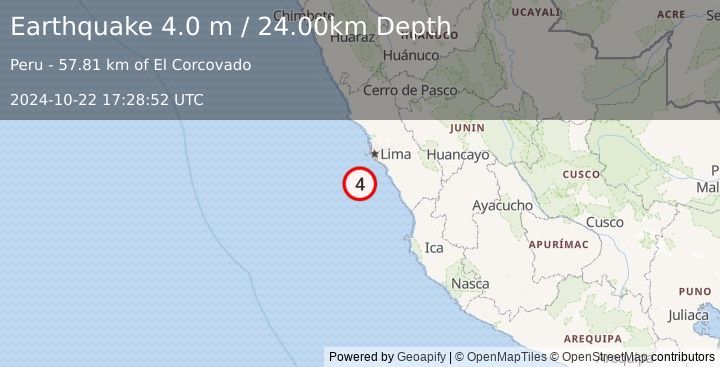 Earthquake NEAR COAST OF CENTRAL PERU (4.0 m) (2024-10-22 17:28:52 UTC)