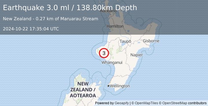 Earthquake NORTH ISLAND OF NEW ZEALAND (3.0 ml) (2024-10-22 17:35:04 UTC)