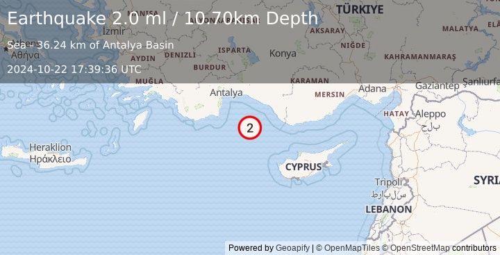 Earthquake CYPRUS REGION (2.0 ml) (2024-10-22 17:39:36 UTC)