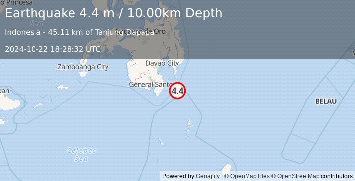 Earthquake MINDANAO, PHILIPPINES (4.4 m) (2024-10-22 18:28:32 UTC)