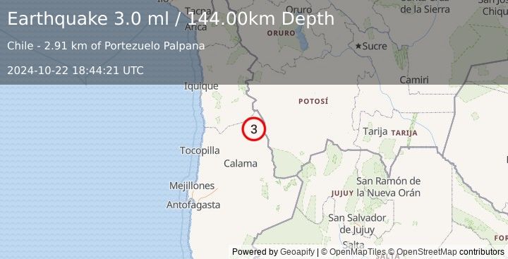 Earthquake ANTOFAGASTA, CHILE (3.0 ml) (2024-10-22 18:44:21 UTC)