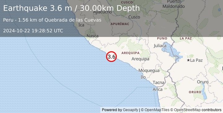 Earthquake NEAR COAST OF SOUTHERN PERU (3.6 m) (2024-10-22 19:28:52 UTC)