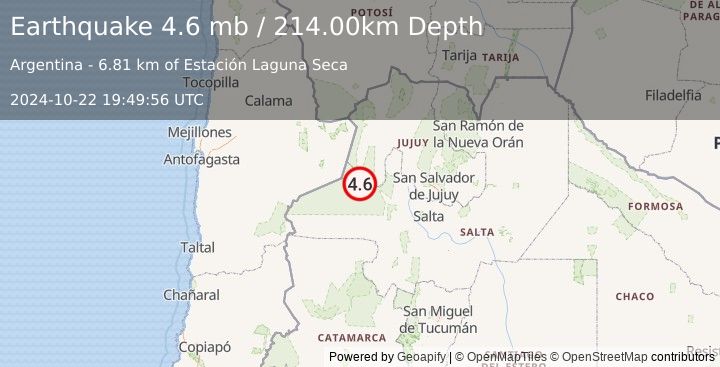 Earthquake SALTA, ARGENTINA (4.6 mb) (2024-10-22 19:49:56 UTC)