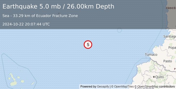 Earthquake OFF COAST OF CENTRAL AMERICA (5.0 mb) (2024-10-22 20:07:44 UTC)