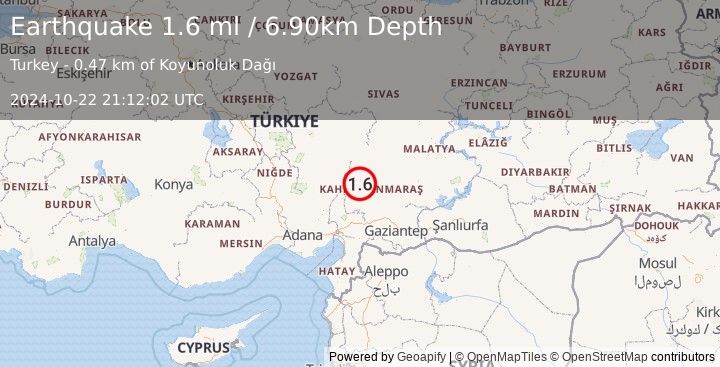 Earthquake CENTRAL TURKEY (1.6 ml) (2024-10-22 21:12:02 UTC)