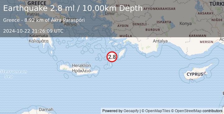 Earthquake DODECANESE ISLANDS, GREECE (2.8 ml) (2024-10-22 21:26:09 UTC)