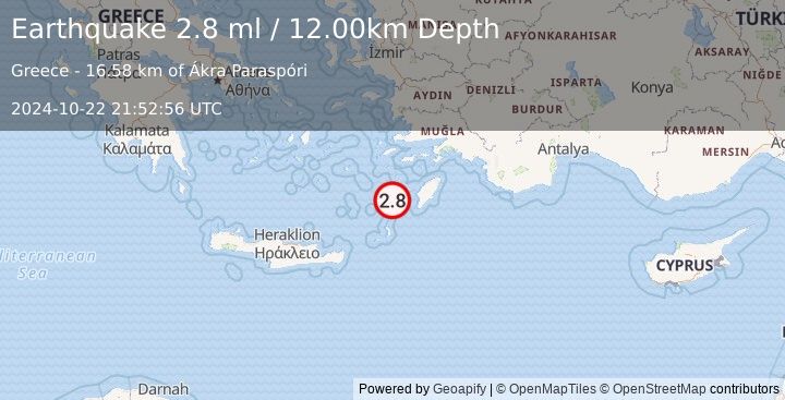 Earthquake DODECANESE IS.-TURKEY BORDER REG (2.8 ml) (2024-10-22 21:52:56 UTC)