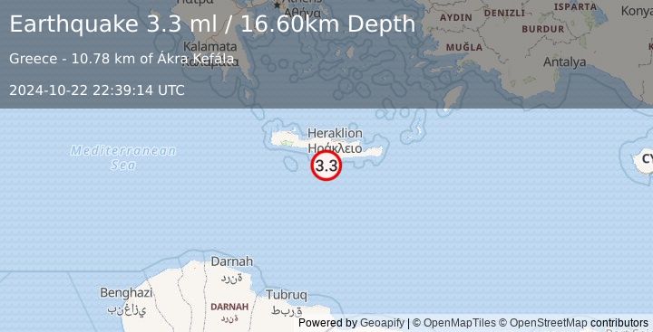 Earthquake CRETE, GREECE (3.3 ml) (2024-10-22 22:39:14 UTC)