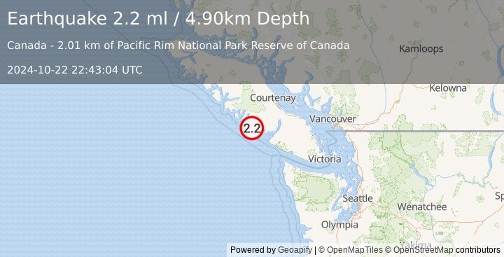 Earthquake VANCOUVER ISLAND, CANADA REGION (2.2 ml) (2024-10-22 22:43:04 UTC)