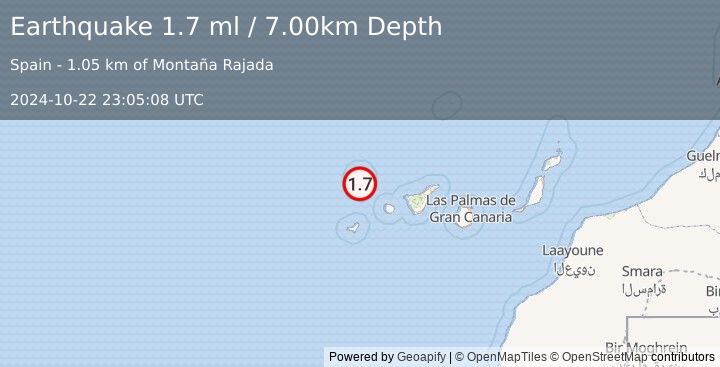 Earthquake CANARY ISLANDS, SPAIN REGION (1.7 ml) (2024-10-22 23:05:08 UTC)