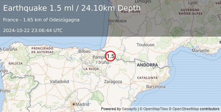 Earthquake PYRENEES (1.5 ml) (2024-10-22 23:06:44 UTC)