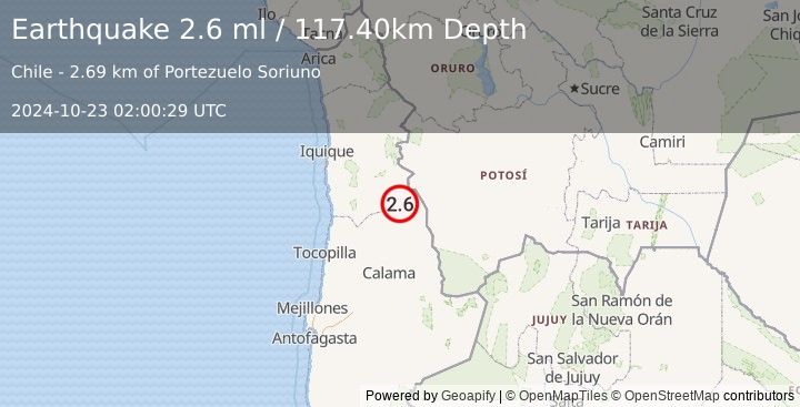 Earthquake ANTOFAGASTA, CHILE (2.6 ml) (2024-10-23 02:00:29 UTC)