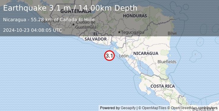 Earthquake NEAR COAST OF NICARAGUA (3.1 m) (2024-10-23 04:08:05 UTC)