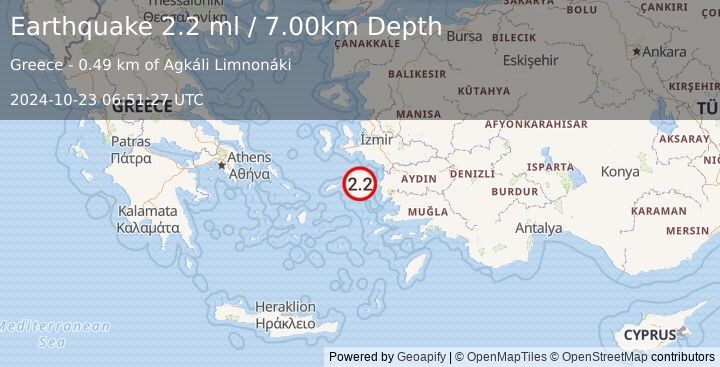 Earthquake DODECANESE ISLANDS, GREECE (2.2 ml) (2024-10-23 06:51:27 UTC)