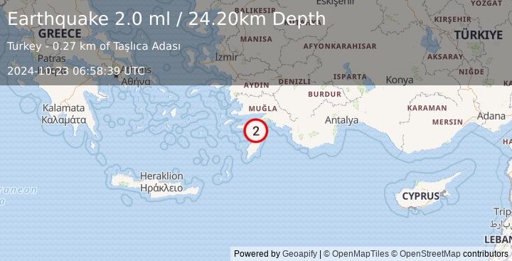 Earthquake DODECANESE IS.-TURKEY BORDER REG (2.0 ml) (2024-10-23 06:58:39 UTC)