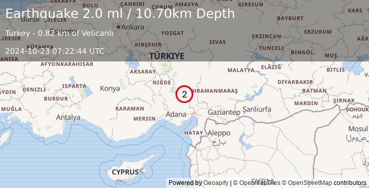 Earthquake CENTRAL TURKEY (2.0 ml) (2024-10-23 07:22:44 UTC)