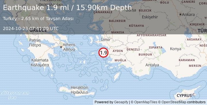 Earthquake DODECANESE ISLANDS, GREECE (1.9 ml) (2024-10-23 07:41:00 UTC)