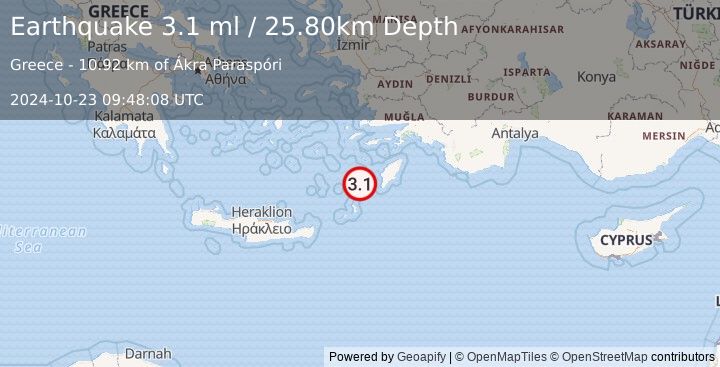 Earthquake DODECANESE ISLANDS, GREECE (3.1 ml) (2024-10-23 09:48:08 UTC)