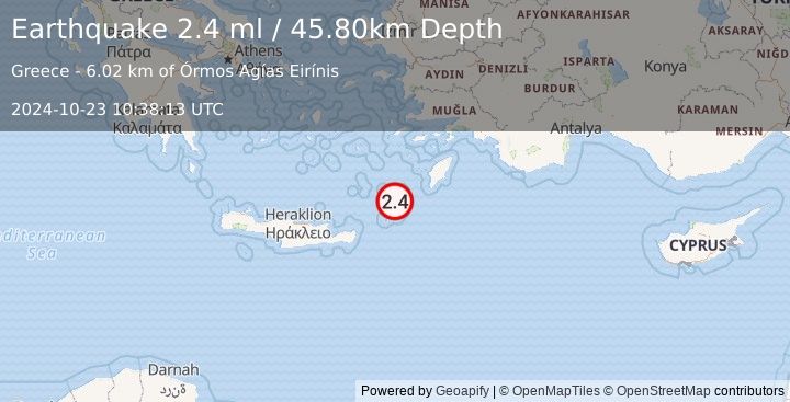 Earthquake DODECANESE ISLANDS, GREECE (2.4 ml) (2024-10-23 10:38:13 UTC)