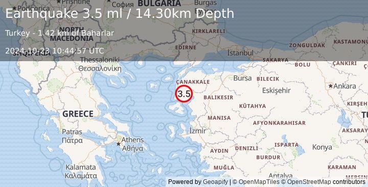 Earthquake NEAR THE COAST OF WESTERN TURKEY (3.5 ml) (2024-10-23 10:44:57 UTC)