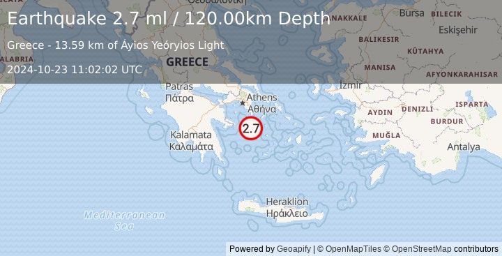 Earthquake SOUTHERN GREECE (2.7 ml) (2024-10-23 11:02:02 UTC)