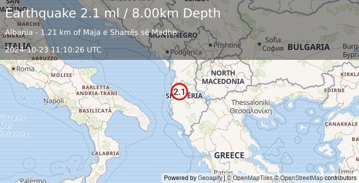 Earthquake ALBANIA (2.1 ml) (2024-10-23 11:10:26 UTC)